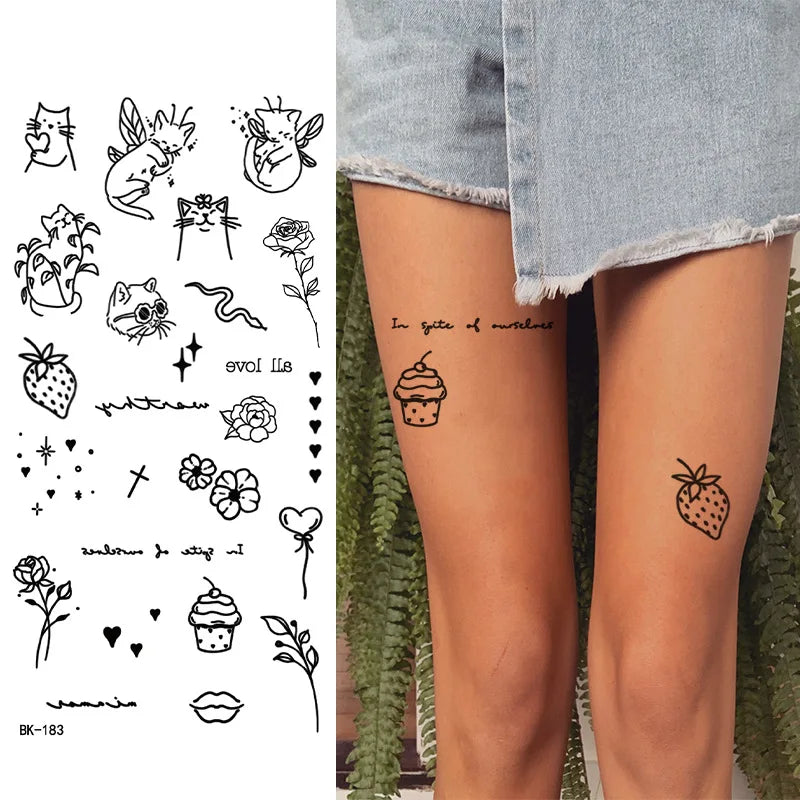 Schwarz Weiß Temporäre Transfer Tattoos Florale Schmetterlinge Schriftzüge Linienkunst Wasserfeste Körperaufkleber für Musikfestival Party