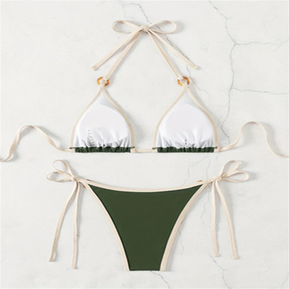 Micro Green Bikinis Halter String Border Y2K Swimsuit Push Up Backless Biquini Vacation Swimwear Women Beach Outfit Bathing Suit - Sun Studio