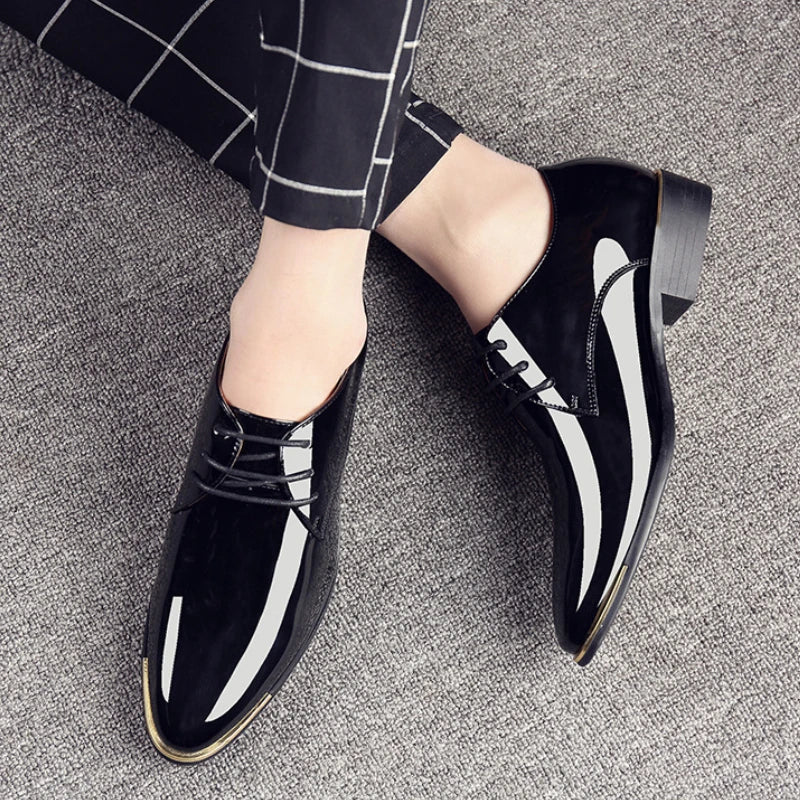 2024 New Men’s Patent Leather Shoes  British Style Men's Dress Shoes Lace Up Pointed Toe Wedding Business Party Social Shoe Male - Sun Studio