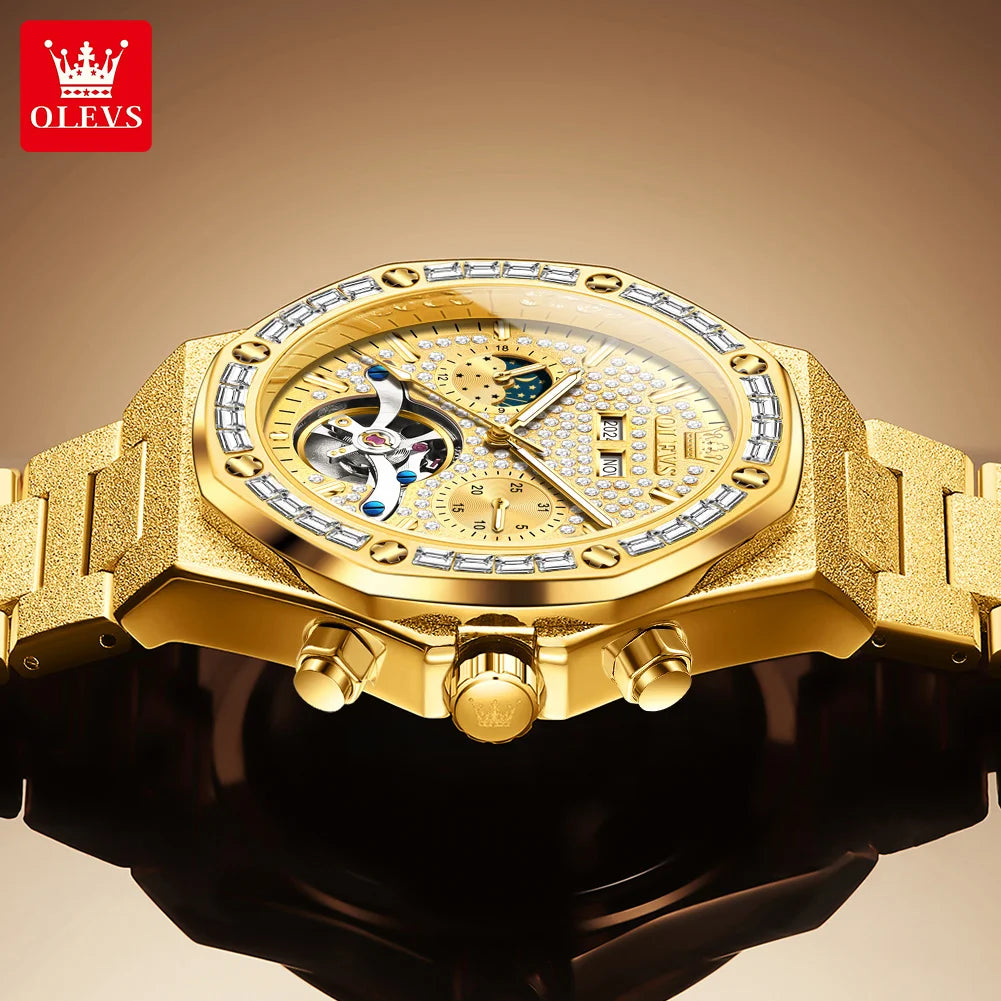 OLEVS Luxury Automatic Tourbillon Watch Men Fashion Gold Mechanical Watches Stainless Steel Waterproof Date Week Men's Watches - Sun Studio