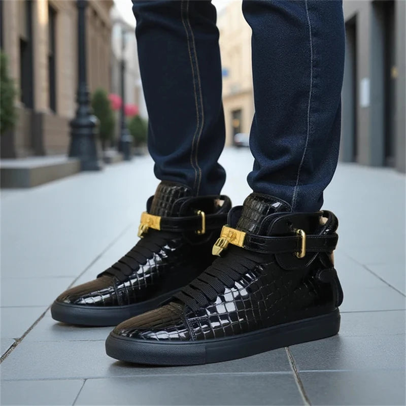 High-Top Sneakers Men Embossed Metal Lock Lace Red Metal Cow Leather Fashion Platform Casual Shoes High Quality - Sun Studio