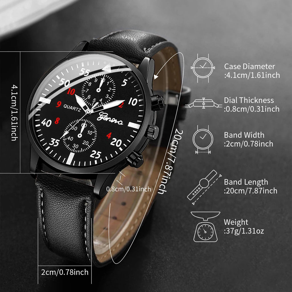 4PCS Fashion Men Business Watches Jewelry Set Casual Arabic Dial Male Leather Strap Quartz Wristwatch Reloj Hombre (Without Box) - Sun Studio