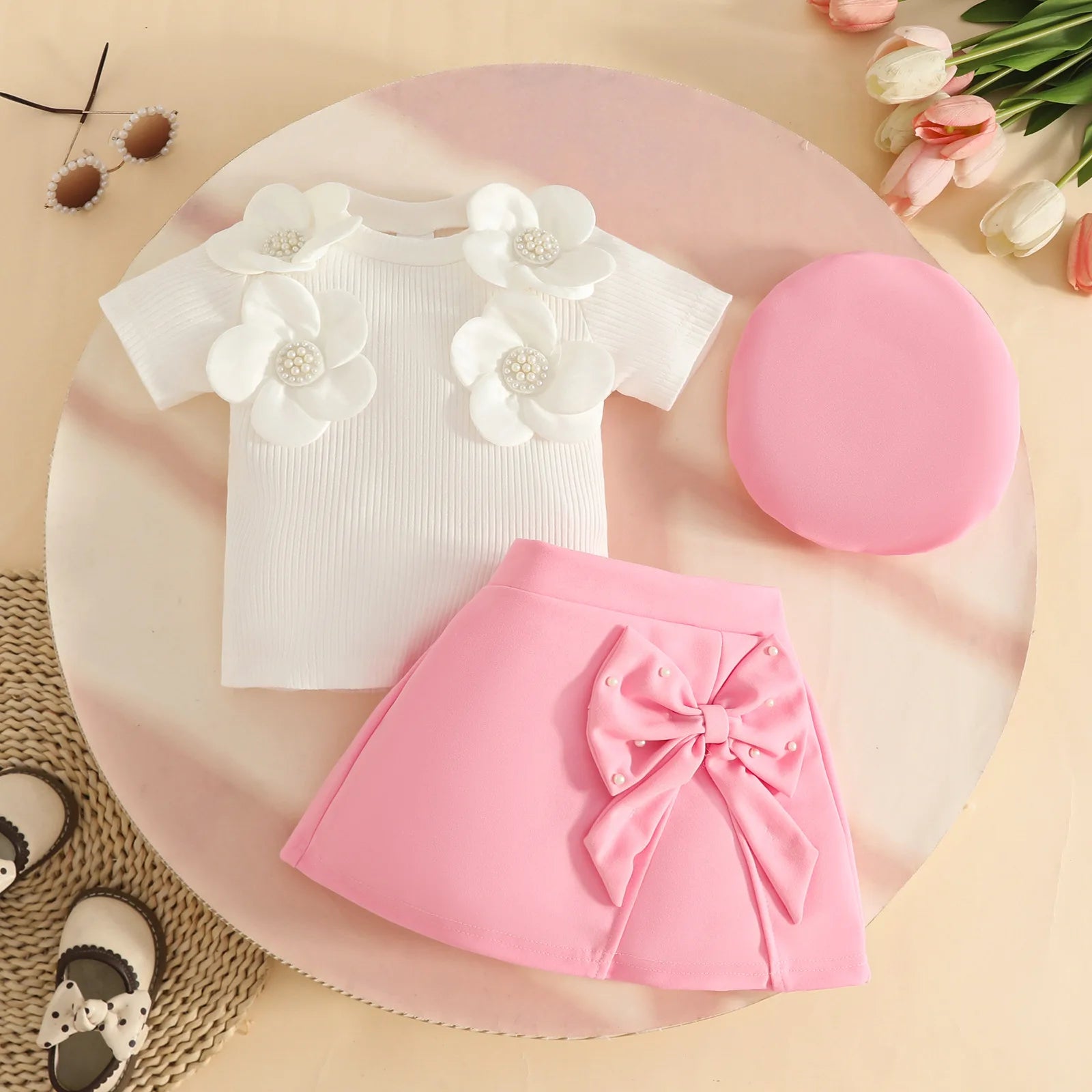 Baby Girls Clothes New Year Set 0-3Y Long Sleeve Big Bow Top Irregular Skirt and Beret 3Pcs Toddler Christmas Clothes - Sun Studio