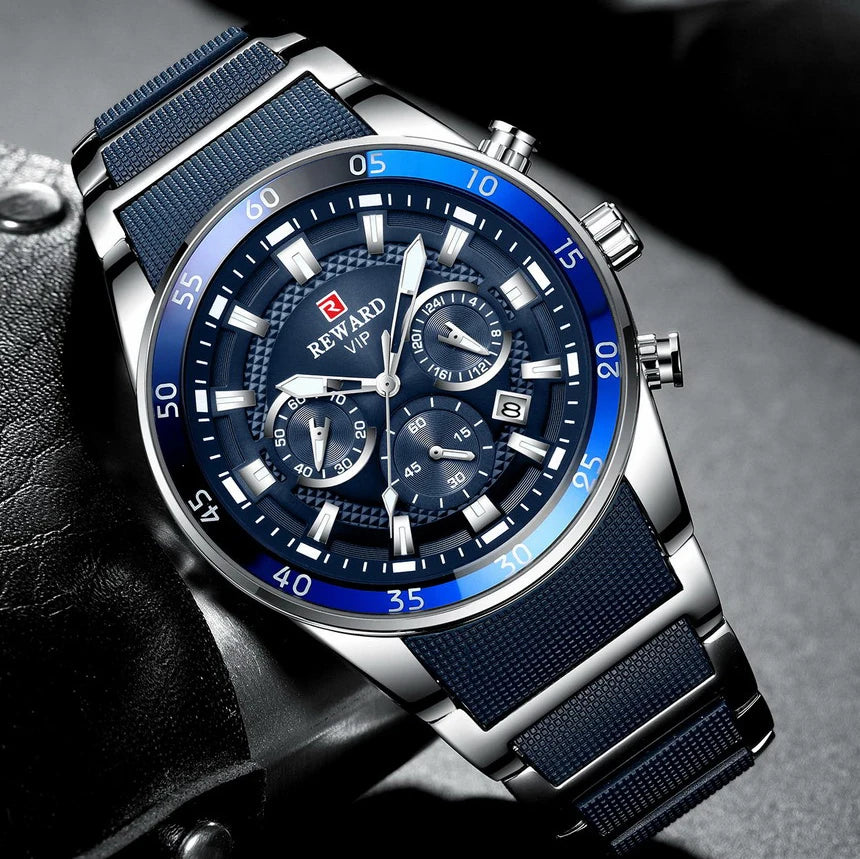 REWARD Blue Business Watches for Men Chronograph Silicone Quartz Wristwatch Man Wrist Watches Male Sports Waterproof Watch - Sun Studio