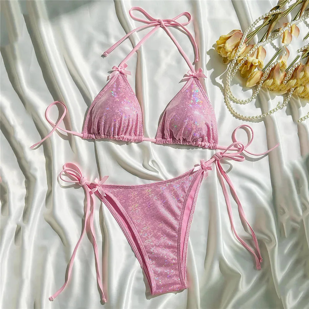 Yellow Halter String Triangle Micro Bikini Thong Solid Swimwears Bow Pearl Sexy Swimsuit Women Bathing Suit Bikinis Sets 2026 - Sun Studio