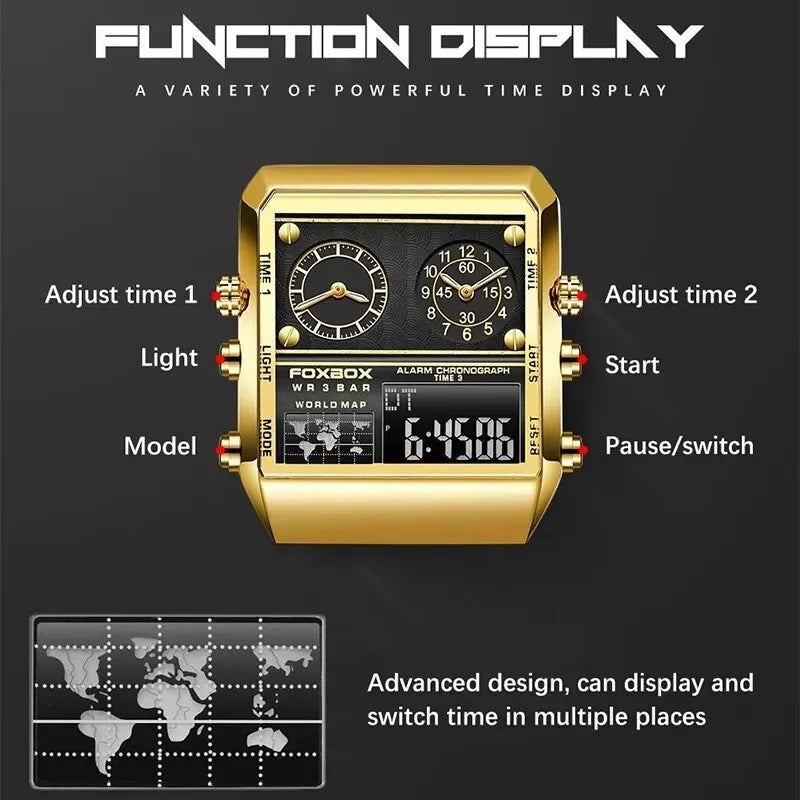 FOXBOX New Creative Square Watch Men Top Brand Luxury Digital Watch Fashion Dual Display Watches For Men Relogio Masculino+BOX - Sun Studio