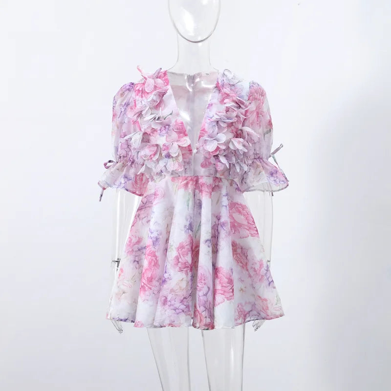 Sexy Flower Print Mini Dresses Women Elegant Ruffles Flared Sleeve Layered V-neck Vestido Female Evening Club Party Outfits 2026 - Sun Studio
