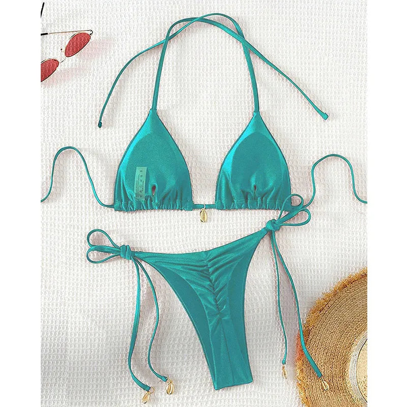 2 Pcs/Set Bikini Set Sexy Bikinis 2025 Bathing Suit Solid Color Halter Neck Strap Thong Women Swimsuit Set for Beach Swimwear - Sun Studio