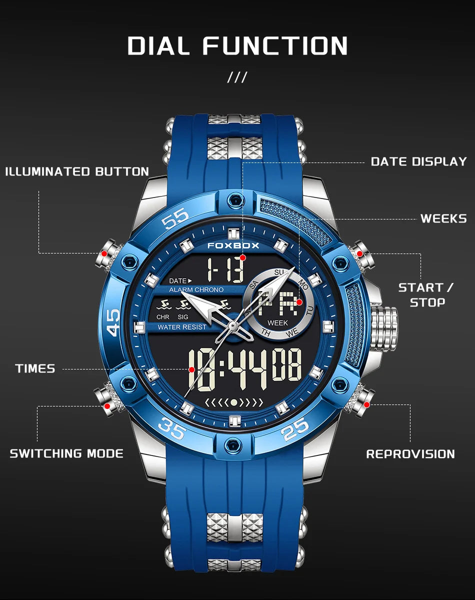 FOXBOX LED Dual Display Quartz Watch Soft Silicone Waterproof Luminous Digital Date Mens Watches Fashion Chronograph Man Watch - Sun Studio
