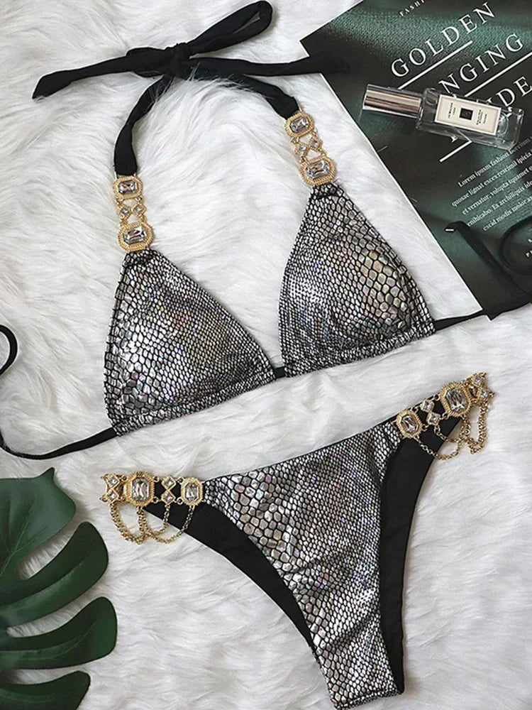 Halter Rhinestone Diamant Bikini Frauen Badeanzug Weibliche Bikinis Metallkette Badebekleidung Zweiteiliges Bikini Set Badeanzug Schwimmen Damen