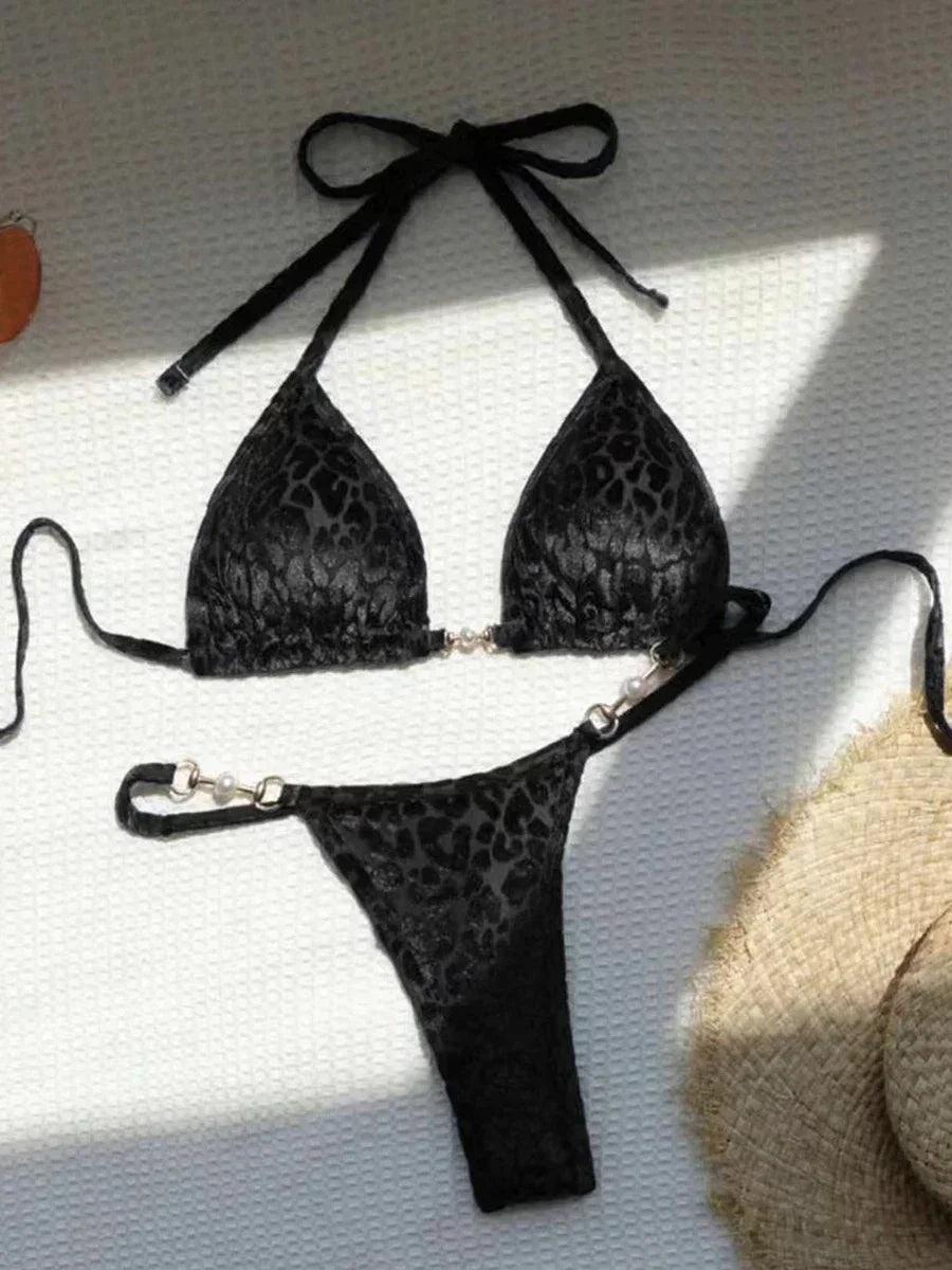 Sexy Leopard Velvet Bikini Mini Micro Thong Bikinis Women Swimwear Female Swimsuit Two-piece Bikini Set Halter Bathing Suit Swim - Sun Studio