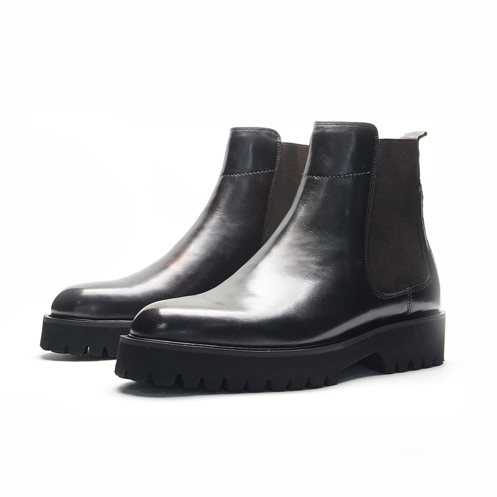 British Style High Top Men's Chelsea Boots Increase Height Classic Luxury Genuine Leather Elastic Band Men Autumn Winter Shoes - Sun Studio