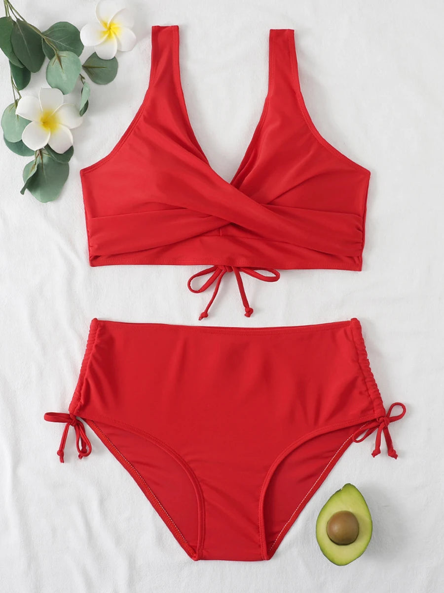 Drawstring High Waist Bikini 2023 Women Solid Swimwear Female Cross Front Swimsuit Padded Beachwear Bather Bathing Swimming Suit - Sun Studio