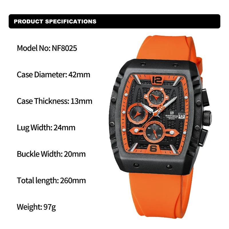 NAVIFORCE Creative Barrel-Shaped Dial Men Watches Fumed Silica Strap Waterproof Quartz Chronograph Date Display Male Wrist Watch - Sun Studio