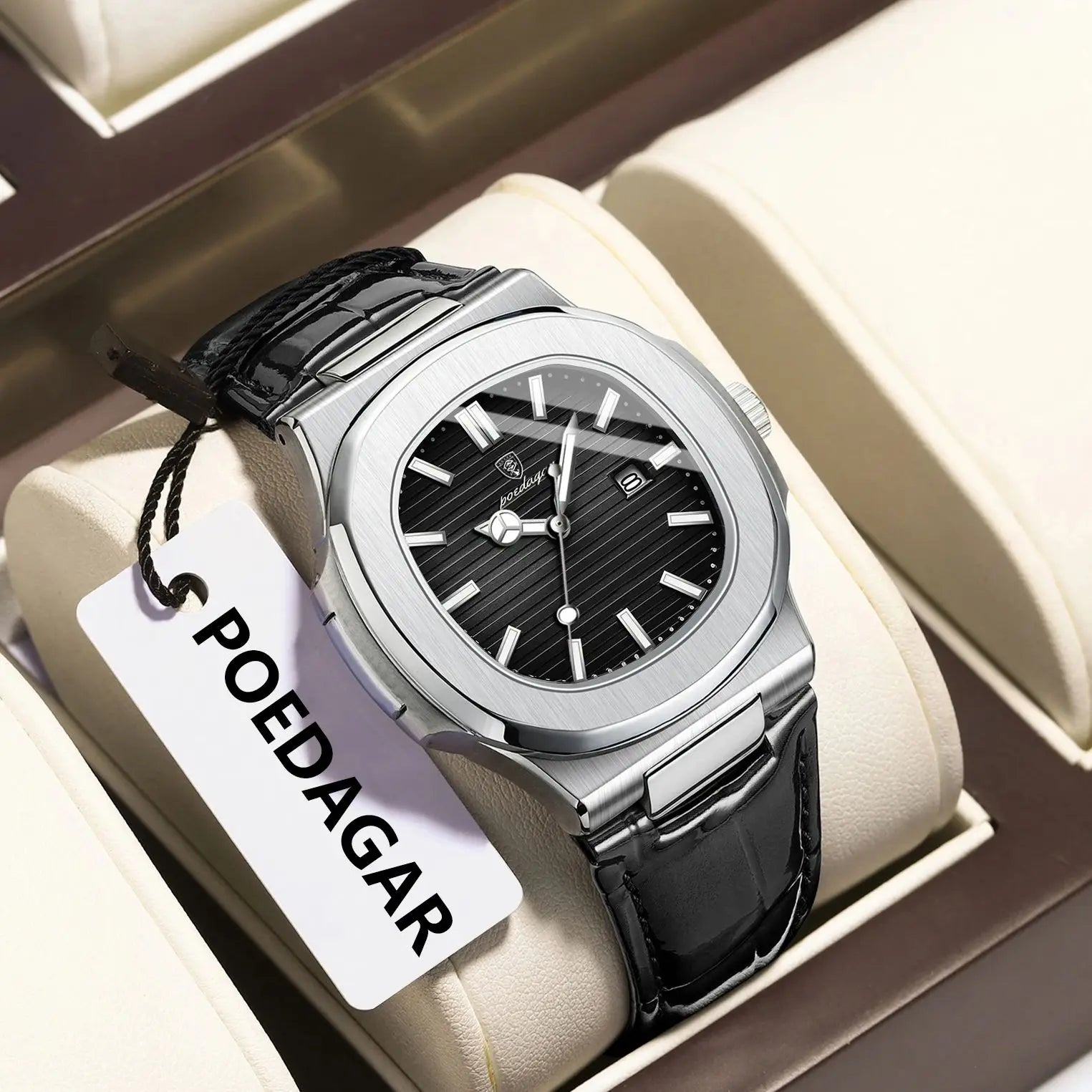 POEDAGAR Original Fashion Men's Wristwatch Date Waterproof Luminous Leather Watches For Men High Quality Square Quartz Man Watch - Sun Studio