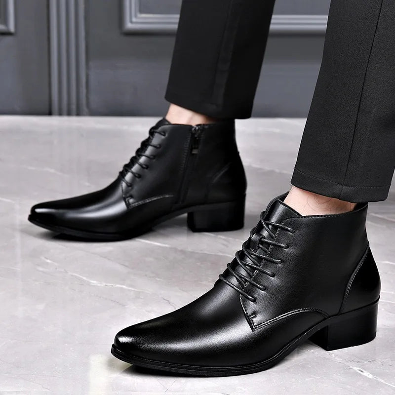 Men's Boots Fashion High-top Casual Boot Pointed Tip Business Leather Boots for Men Plush Warm Winter Boots Lace Up Ankle Botas - Sun Studio