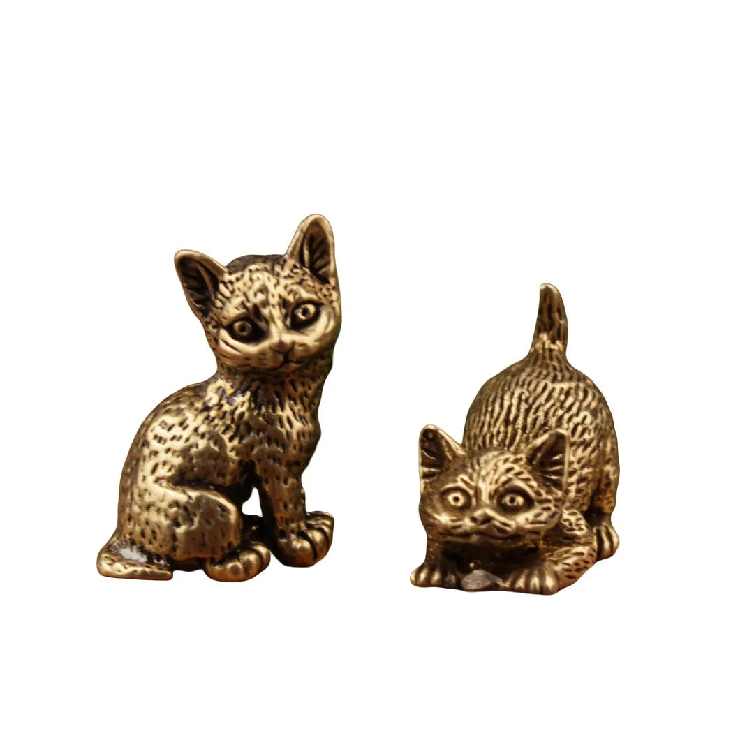 Brass cat Statue Cute 2pcs Miniature Figurines Desk Ornament Decorations Accessories Copper Animal Sculpture Home Decor Crafts - Sun Studio