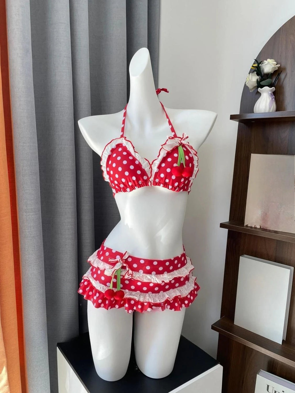 2026 Y2K Summer Sweet  White Dot Sets Lovely Cherry Decor Sexy Lace Trim Style Casual Bikini Swimsuit Beach Holiday Wear - Sun Studio