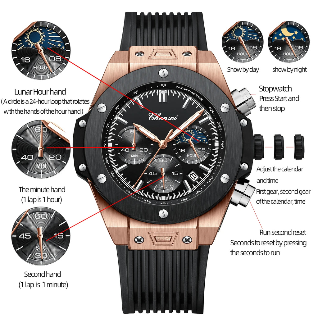 CHENXI Top Brand Luxury Watches for Mens Creative Fashion Luminous Dial with Chronograph Clock Male Casual Wristwatches - Sun Studio
