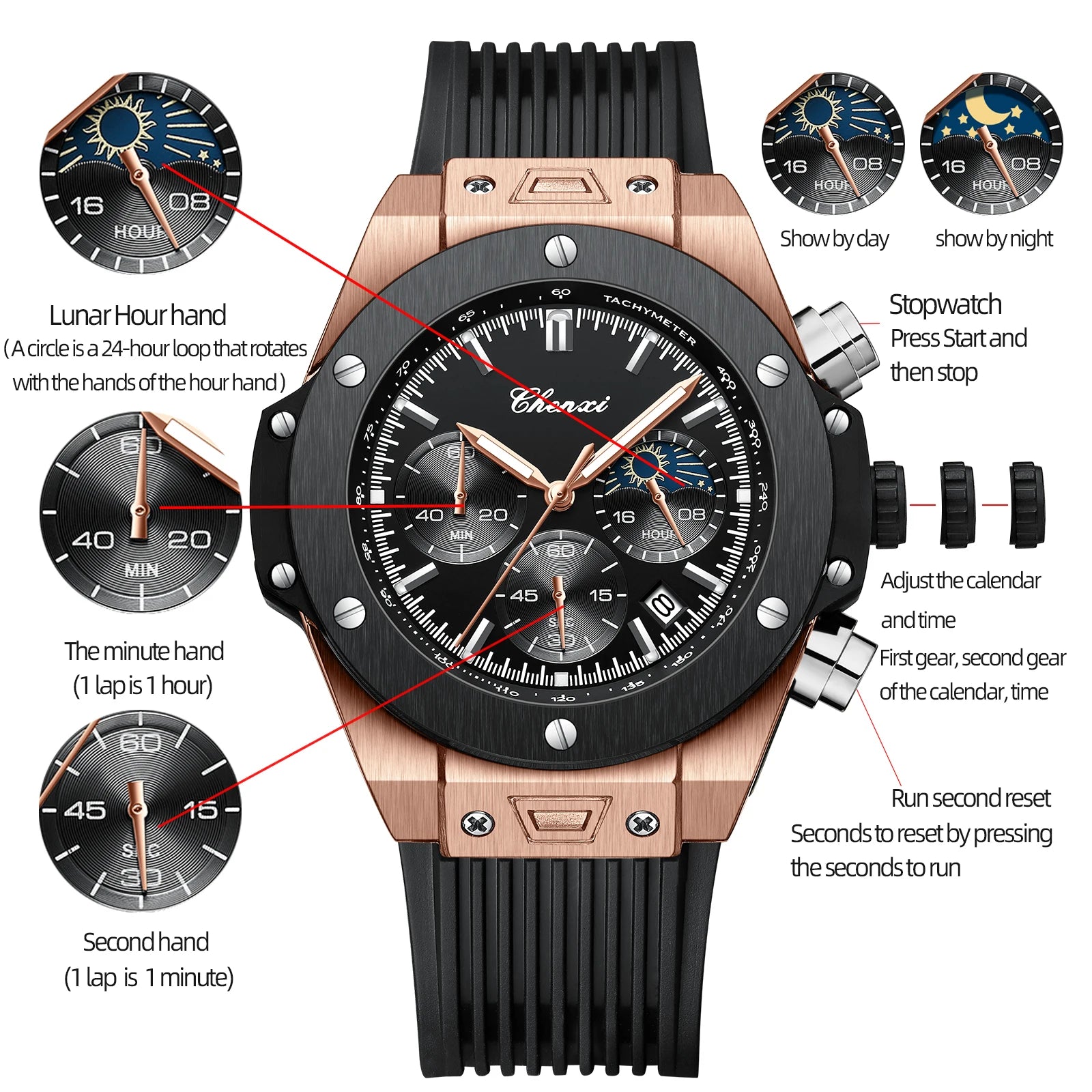 CHENXI Top Brand Luxury Watches for Mens Creative Fashion Luminous Dial with Chronograph Clock Male Casual Wristwatches - Sun Studio