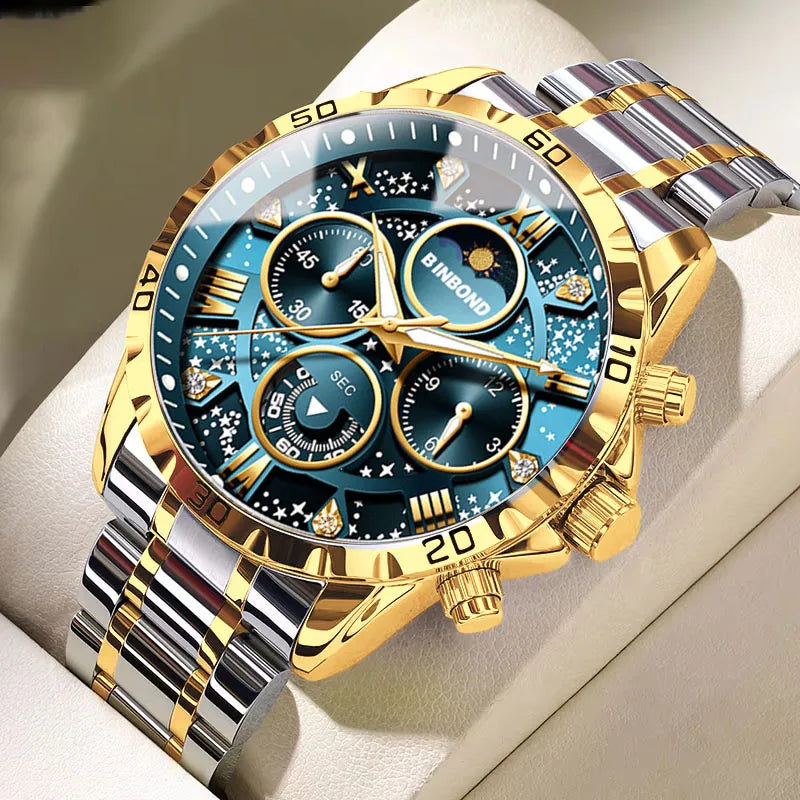 BINBOND Luxury Fashion Men Watches Multi-functional Stainless Steel Original Quartz Wristwatch Moon Phase Chronograph Waterproof - Sun Studio