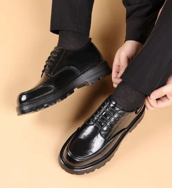 Round Toe Height Increasing Thick Sole Black Leather Shoes for Men Low Price High Quality Social Fashion New in Man Casual Shoe - Sun Studio