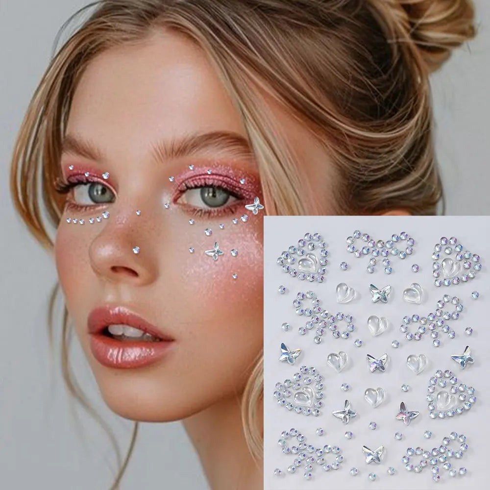 1Sheet 5D Mixed Shell Aurora Rhinestone Girl Face Stickers Hollow Star/Moon/Heart Self-Adhesive Cute Girl Make Up Diamond Decal - Sun Studio