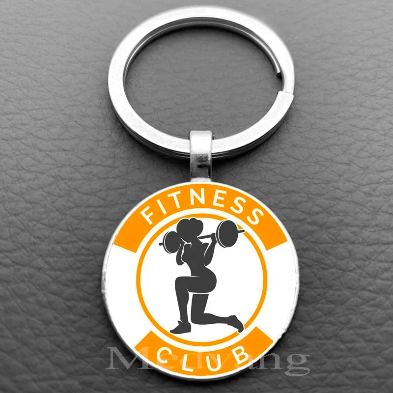 Weightlifting Fitness Pattern Keychain Loves Fitness Men and Women Exclusive Glass Round Keychain Gift for Fitness Club - Sun Studio