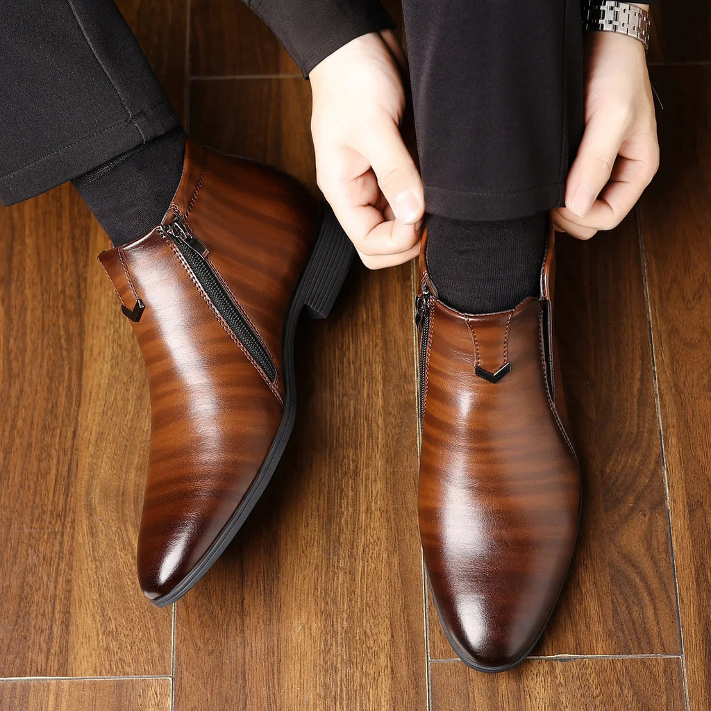 Retro Men Ankle Boots Luxury High-top Men Leather Shoes High Quality Non-Slip Motorcycle Boots Fashion Zipper Men Boots Big Size - Sun Studio