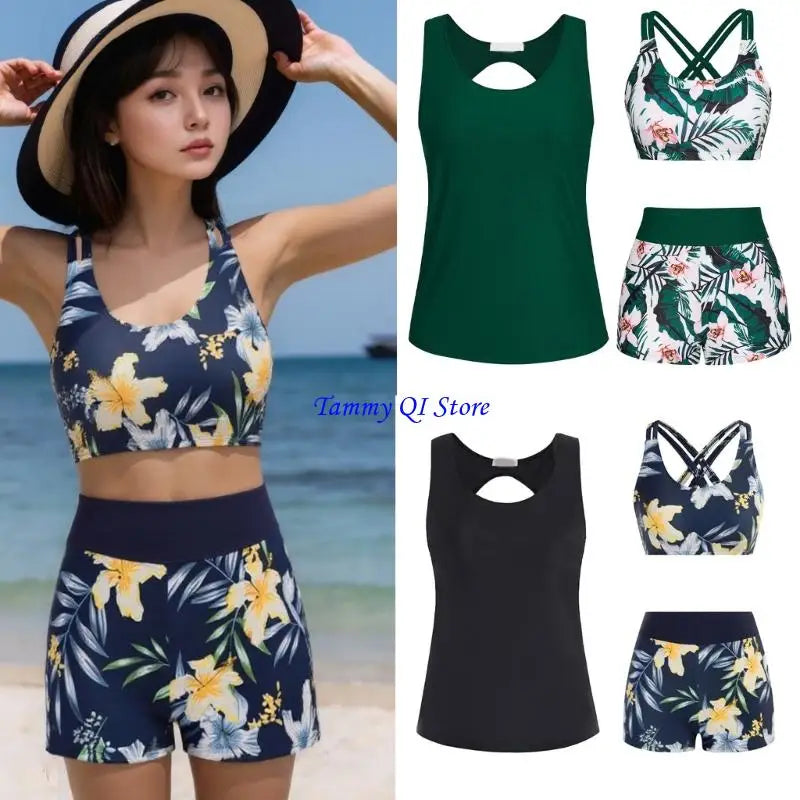 F1FD Women Flowers Print Bathing Suit 3 Pcs Split Swimwear Tankini Swimsuit Swimming Costume Set Ladies Sports Swimwear - Sun Studio