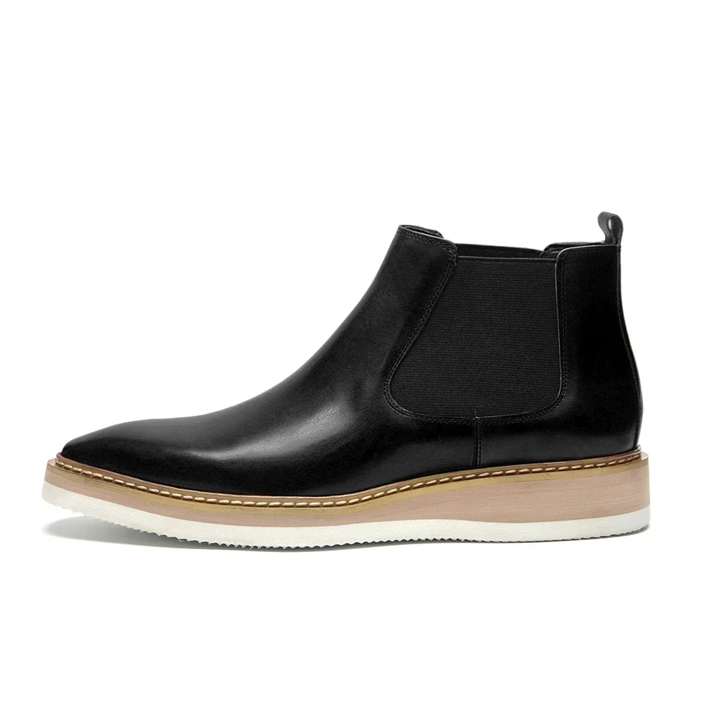 British Style Cow Genuine Leather Men's Chelsea Ankle Boots Slip-on Elastic Band High Top Sneakers Casual Dress Boot for Men - Sun Studio