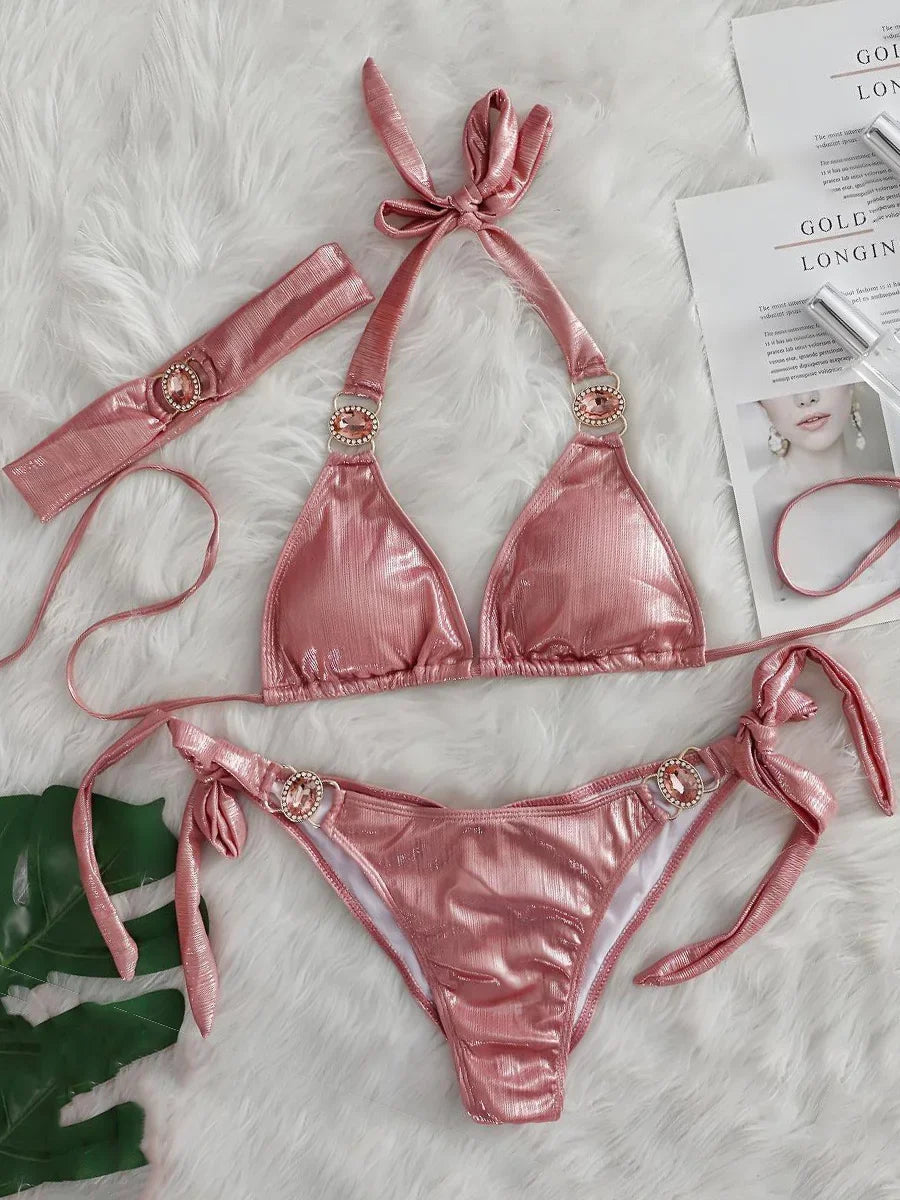 Halter Rhinestone Diamant Bikini Frauen Badeanzug Weibliche Bikinis Metallkette Badebekleidung Zweiteiliges Bikini Set Badeanzug Schwimmen Damen
