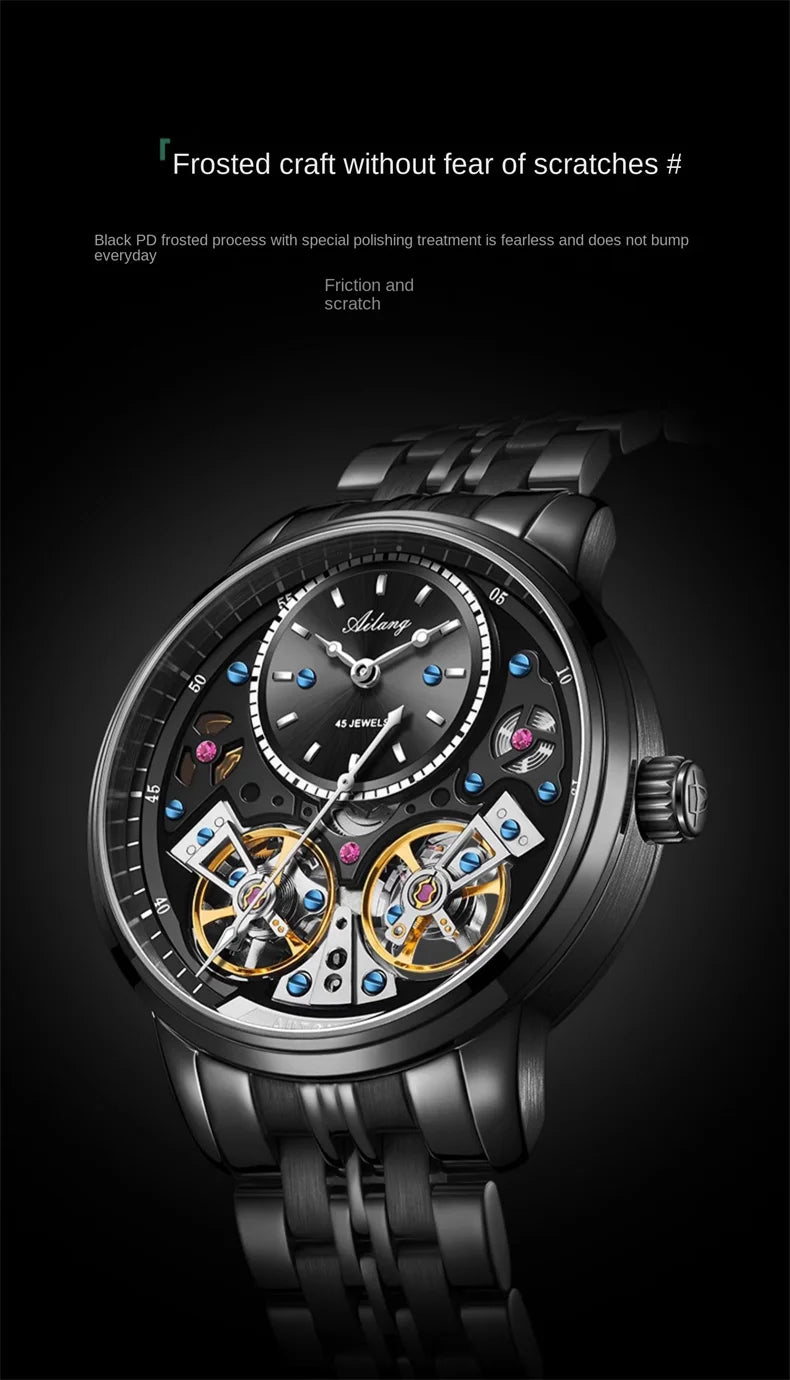 AILANG Brand New Luxury Double Tourbillon Watch for Men Stainless Steel Strap Waterproof Fashion Mechanical Watches Mens - Sun Studio