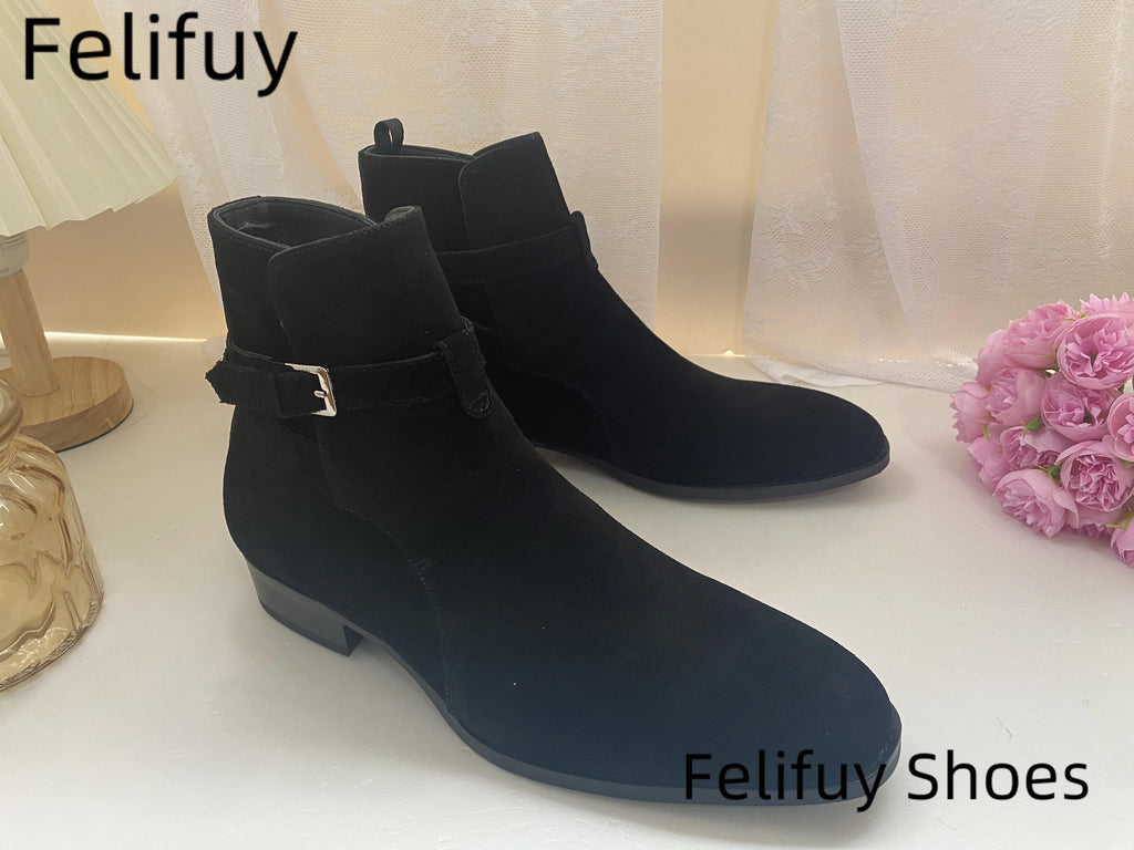 Black Pointed Toe Buckle Strap Ankle Boots Grey Men Hombre Genuine Leather Men Motorcycle Boots For Men Work High Top Men Shoes - Sun Studio