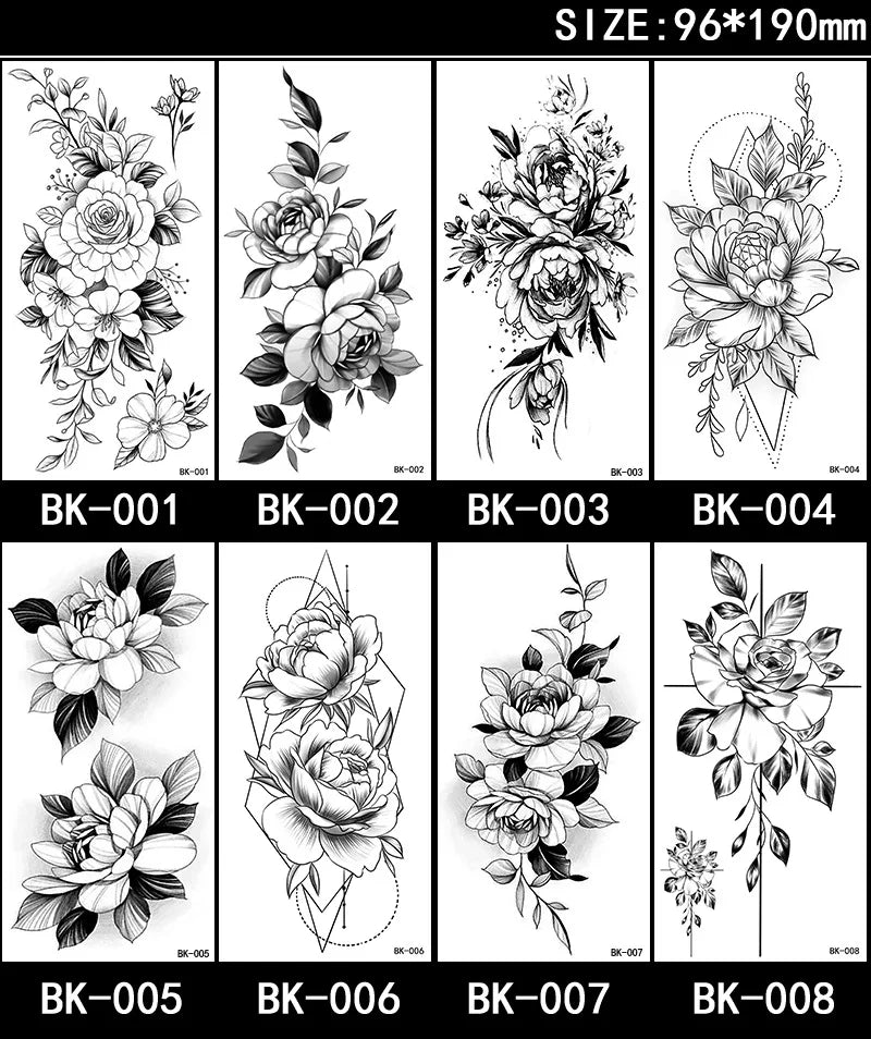 Black White Temporary Transfer Tattoos Floral Butterfly Lettering Line Art Waterproof Body Stickers for Music Festival Party - Sun Studio