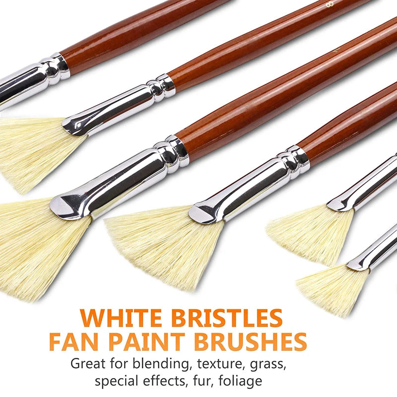 7/14pcs Fan Artist Bristle Paint Brush Set Natural Hog Bristle Hair Anti-Shedding Brush Tips Long Wooden Handle For Acrylic - Sun Studio