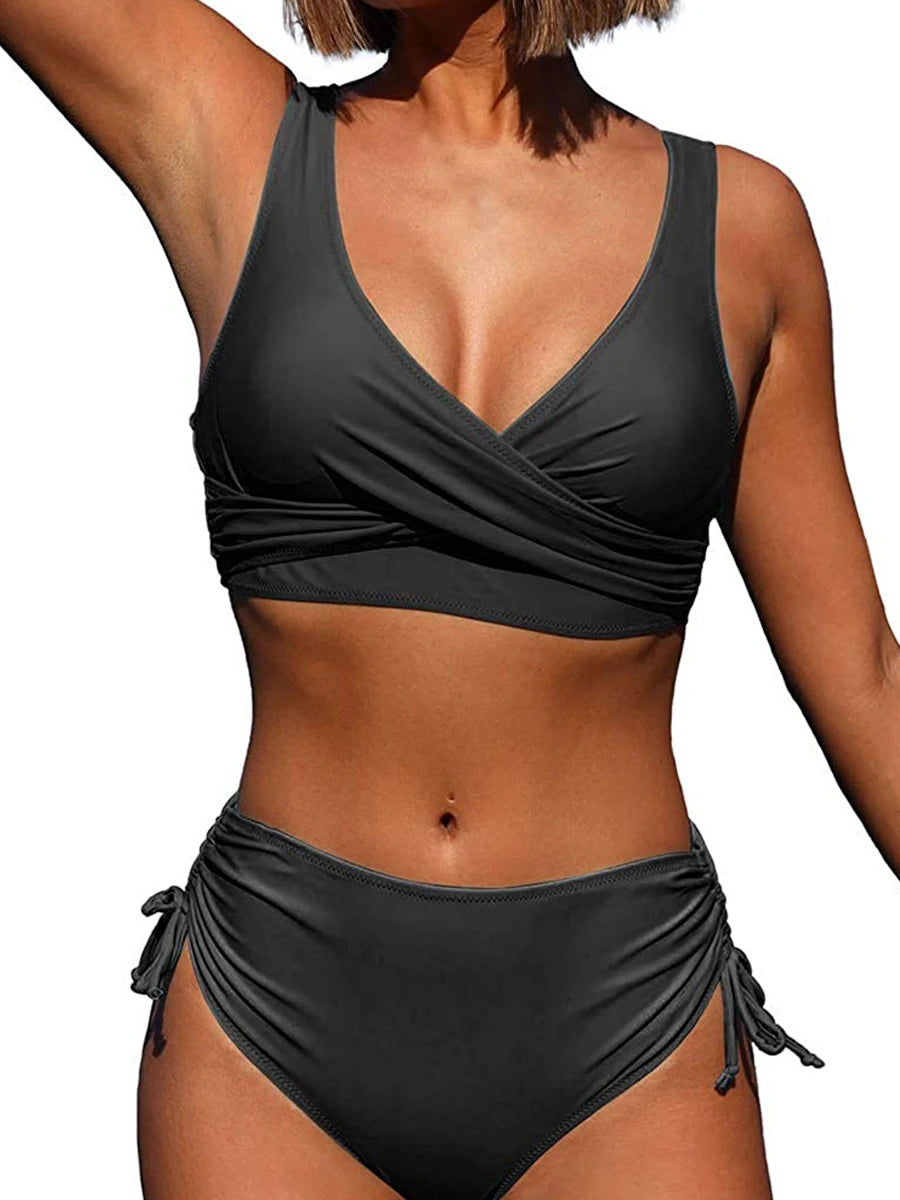 Drawstring High Waist Bikini 2023 Women Solid Swimwear Female Cross Front Swimsuit Padded Beachwear Bather Bathing Swimming Suit - Sun Studio