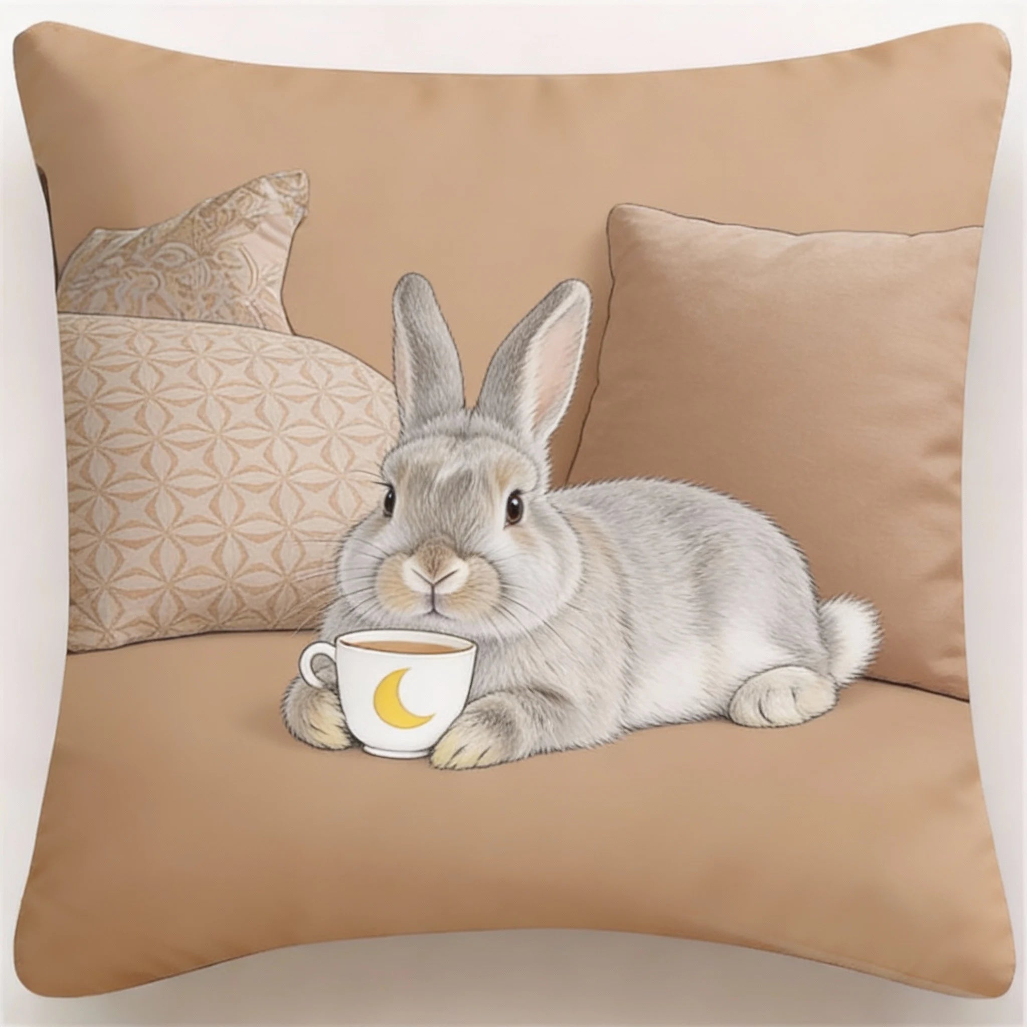Adorable Bunny with Coffee Cup Print Pillowcase - Home Decor, Perfect for Living Room and Bedroom, Ideal Gift for Animal Lovers - Sun Studio