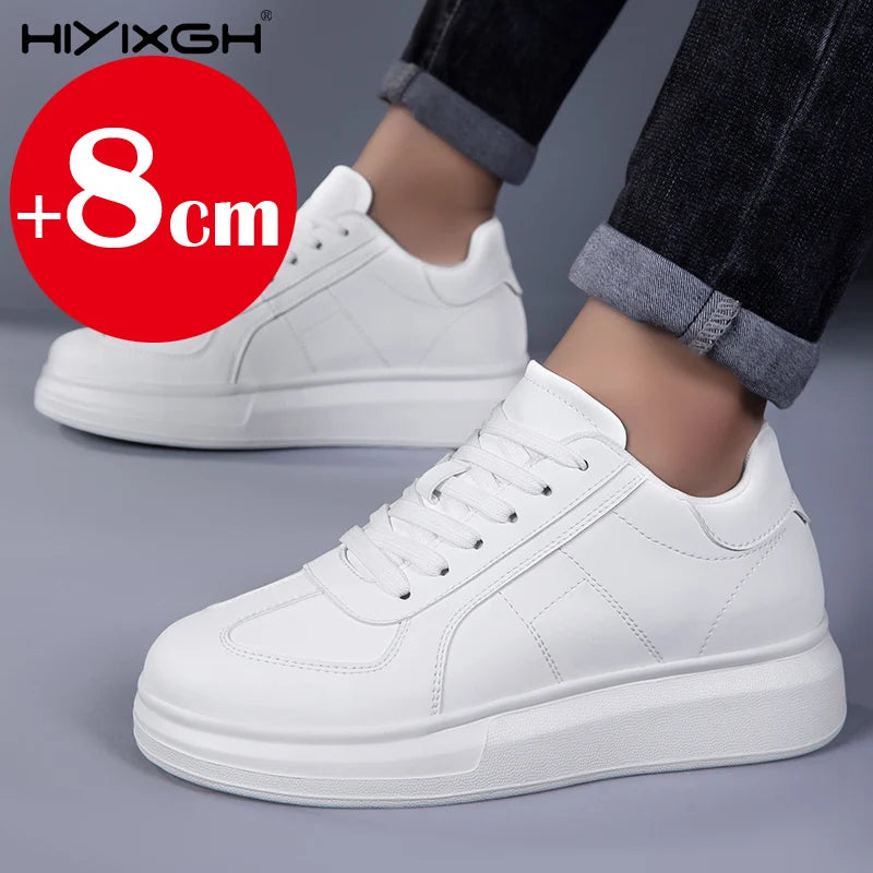New men's leather elevator shoes 6 cm 8 cm invisible height increase white black sneakers leather height increase casual shoes - Sun Studio
