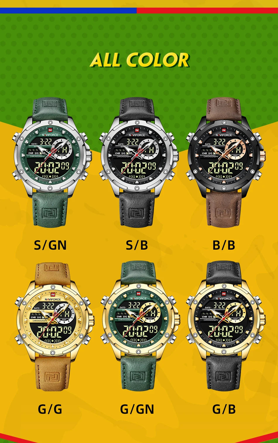 NAVIFORCE Luxury Original Watches For Men Casual Sport Chronograph Alarm Quartz WristWatch Leather Waterproof Digital Clock 9163 - Sun Studio