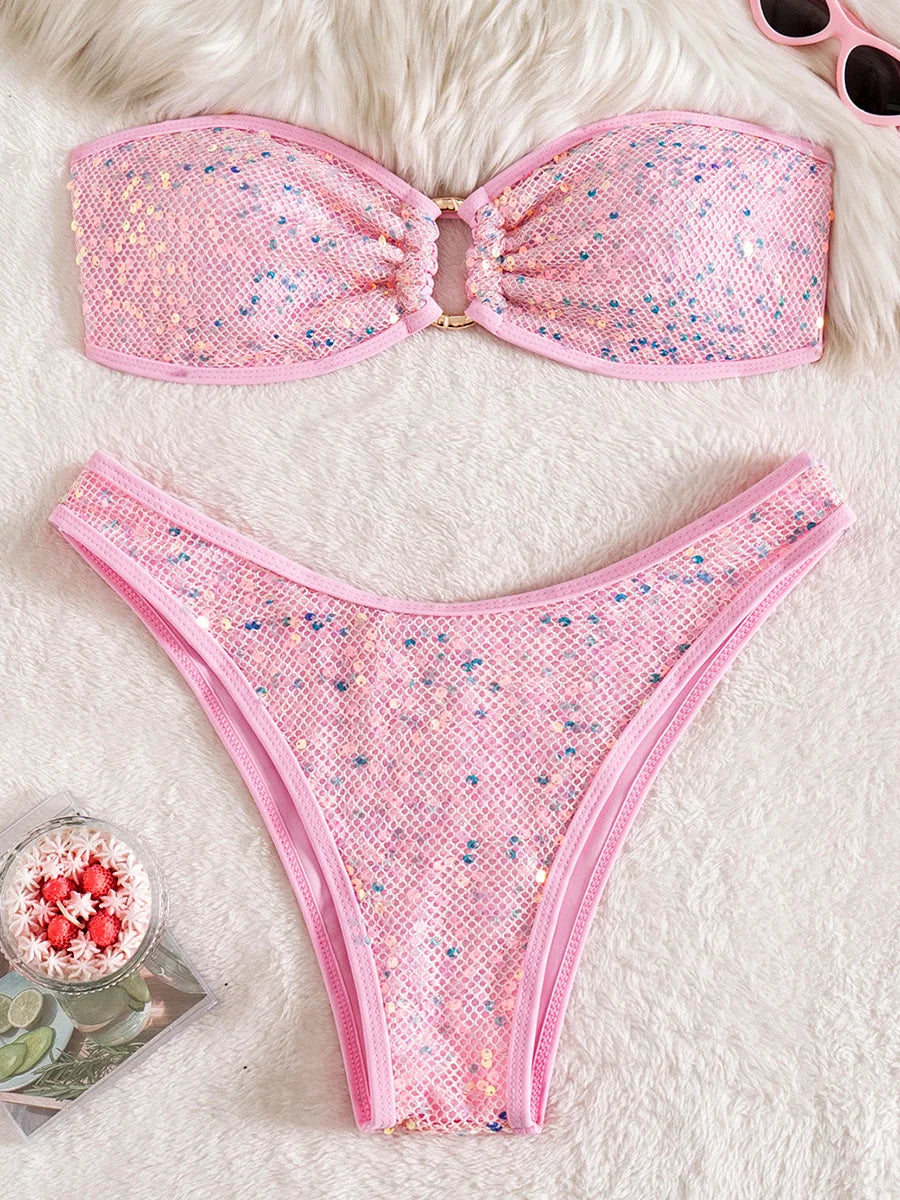 Sequins Shiny Mesh Bandeau Bikini Female Swimsuit Women Swimwear Two-pieces Bikini Set Brazilian Bather Bathing Suit Swim Lady - Sun Studio