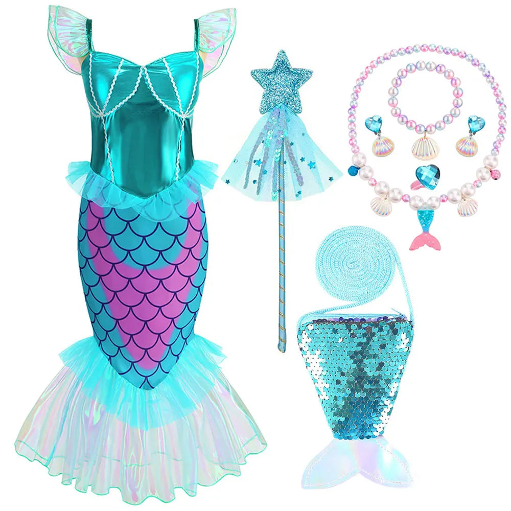 Disney Blue Red Purple Three Colors Mermaid Flying Sleeve Fishtail Beautiful Dress For Girl Summer Beach Party Cool Swimsuit Set - Sun Studio