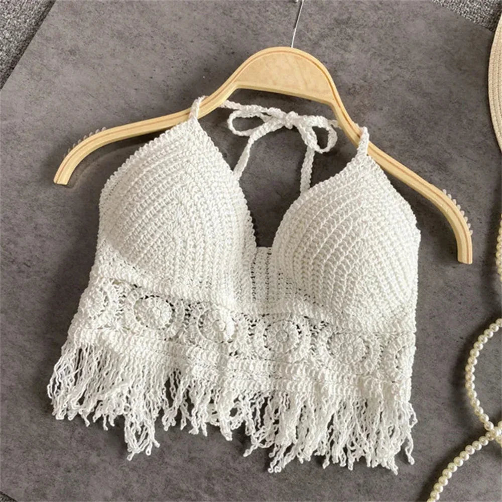 Sexy Boho Beach Holiday Camisole Halter Women Crochet Knit Swimsuit Bra Backless Vest Hollow Tassel Tank Top Women's Crop Tops - Sun Studio