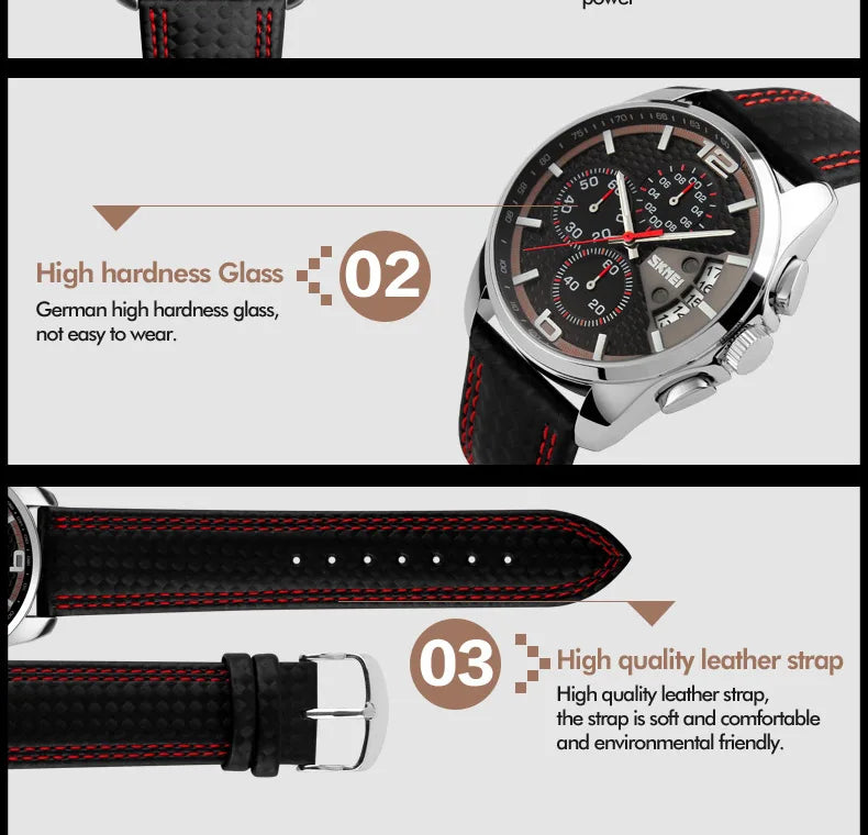 Skmei Top Brand Luxury Leather Strap 5Bar Waterproof Quartz Wristwatches Relogio Masculino Fashion Sport Mens Watches 9106 - Sun Studio