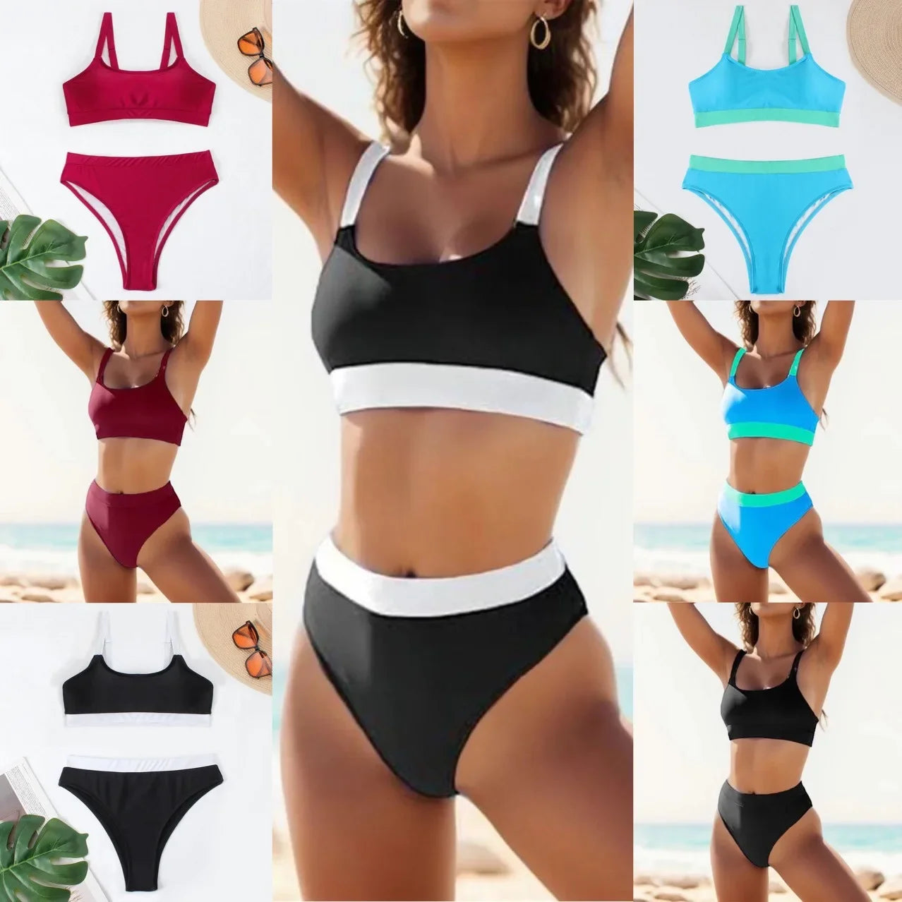 Color-Block Sports Bikini Women's Swimsuit High-Waist Separate Piece Fashionable Contrast Design Chinese Manufacturer - Sun Studio