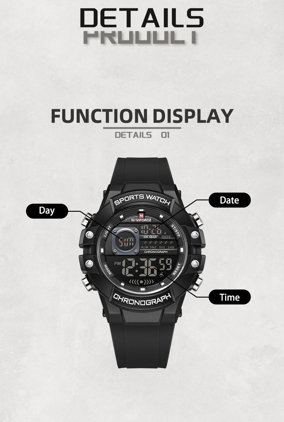 NAVIFORCE Men's Watches Multifunctional Gas phase Digital Display Silicone Strap Screen Boy's Electronic Sports Male Clock Gift - Sun Studio