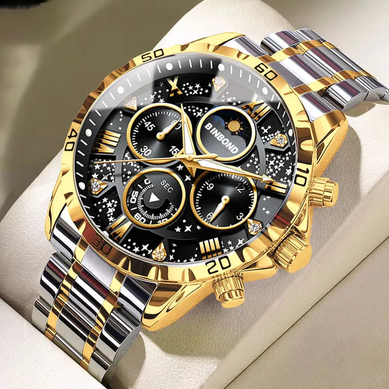 BINBOND Luxury Fashion Men Watches Multi-functional Stainless Steel Original Quartz Wristwatch Moon Phase Chronograph Waterproof - Sun Studio