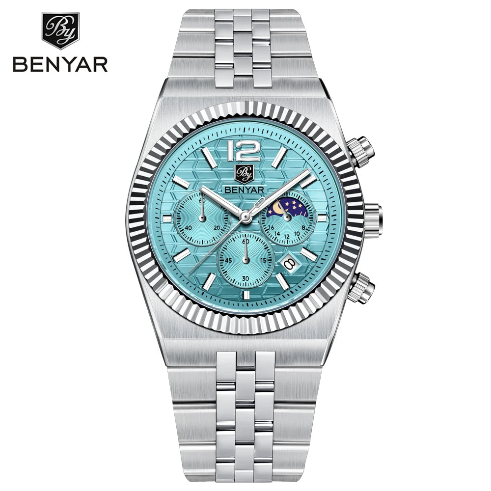 2025 New BENYAR Moon Phase Mens Watches Top Luxury Quartz Chronograph Watch For Men Stainless Steel Waterproof Sports Clock Gift - Sun Studio