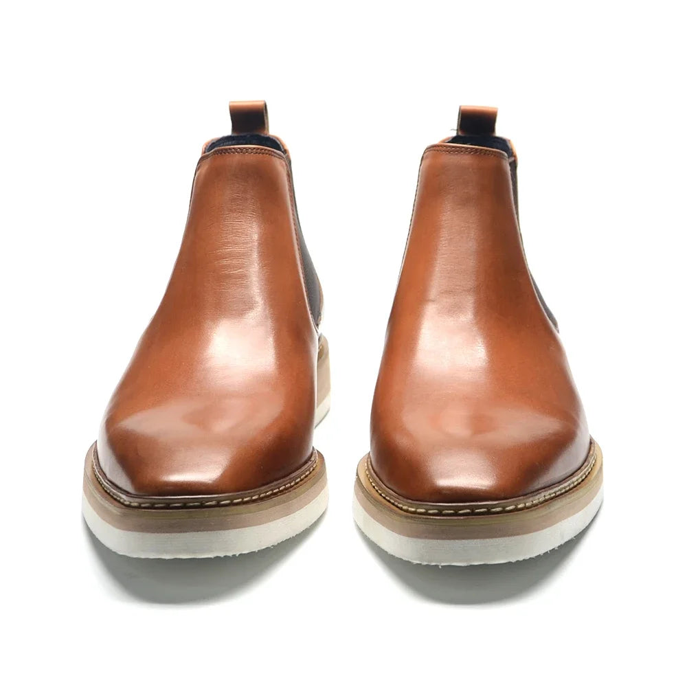 Britischer Stil Kuh Echtes Leder Herren Chelsea Stiefeletten Slip-On Elastisches Band Hohe Sneakers Freizeit Dress Boots für Männer