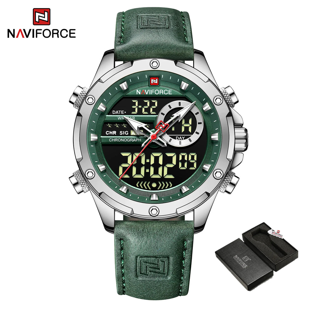 NAVIFORCE Luxus Original Uhren für Herren Freizeit Sport Chronograph Alarm Quarz Armbanduhr Leder Wasserdicht Digitale Uhr 9163